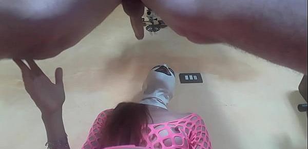  Wearing pink fishnet catsuit and pink platform ankle boots. Rough  blowjob